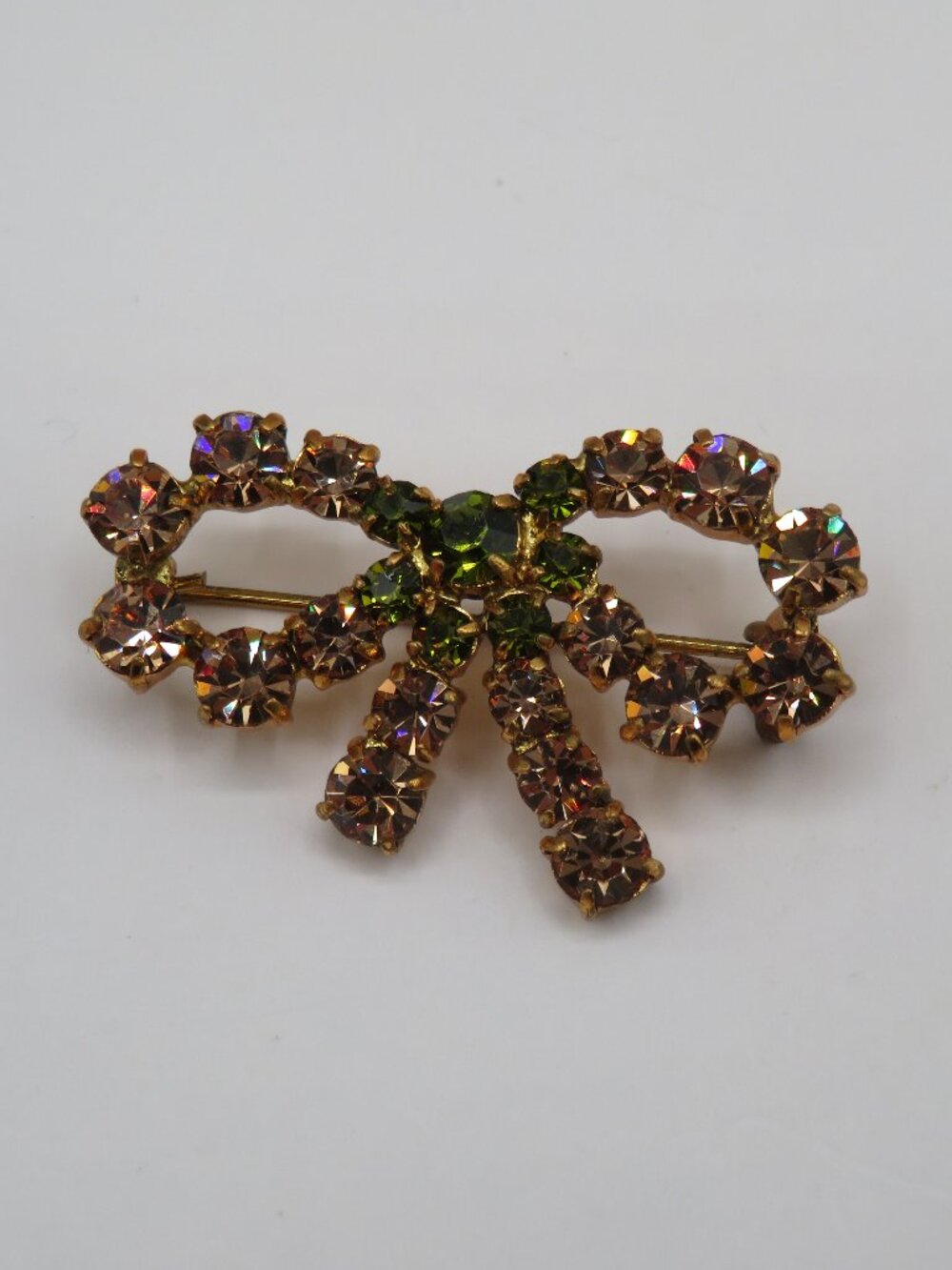 Vintage AB Pastel Pink Green Rhinestone Bow Brooch
